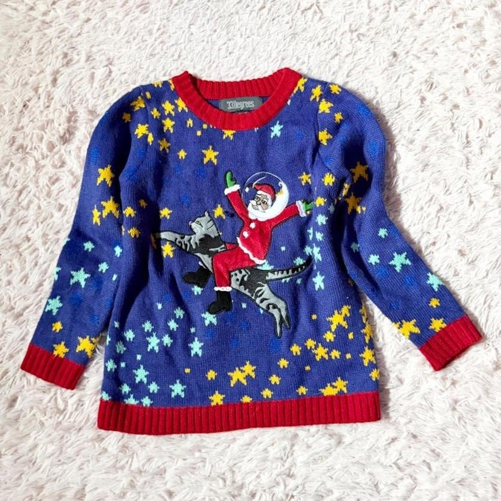 Ugly Christmas Holiday Sweater Space Santa Astronaut Cat Lady Boys L Weird Core